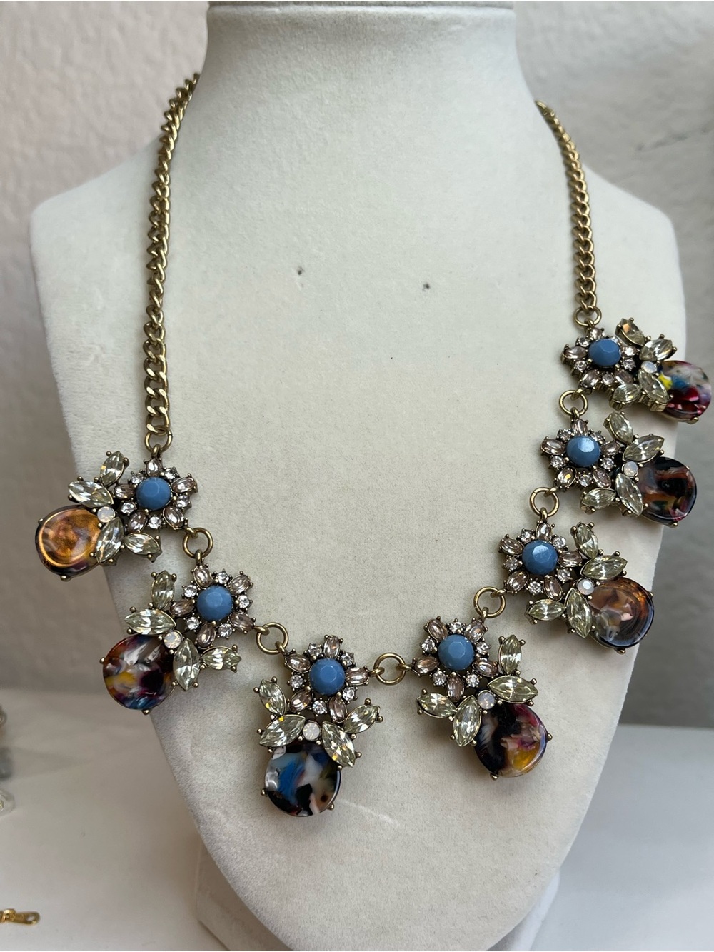 Gold Tone Blue Faux Tortoise Statement Necklace Rhinestone Bib 22”